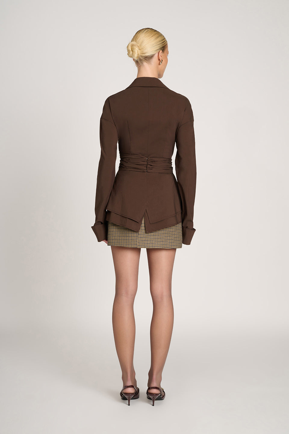 Brown Oversized Draped Blouse with Shirt Collar