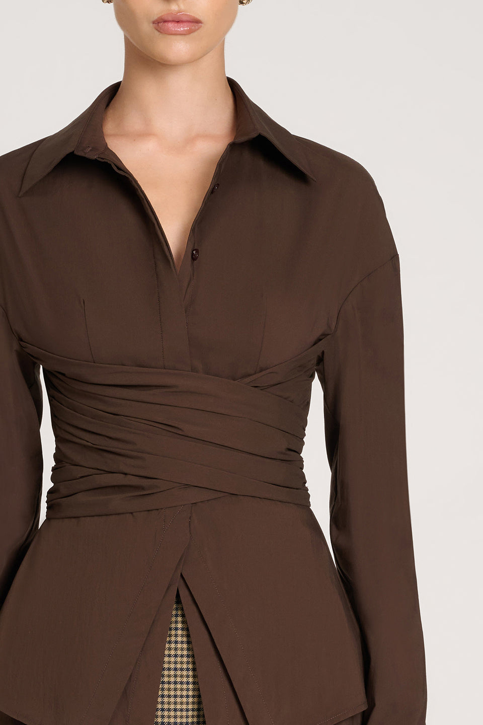 Brown Oversized Draped Blouse with Shirt Collar