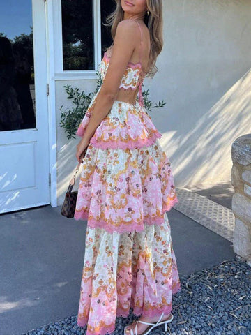 Romantic Floral Maxi Dress with Lace Back Details