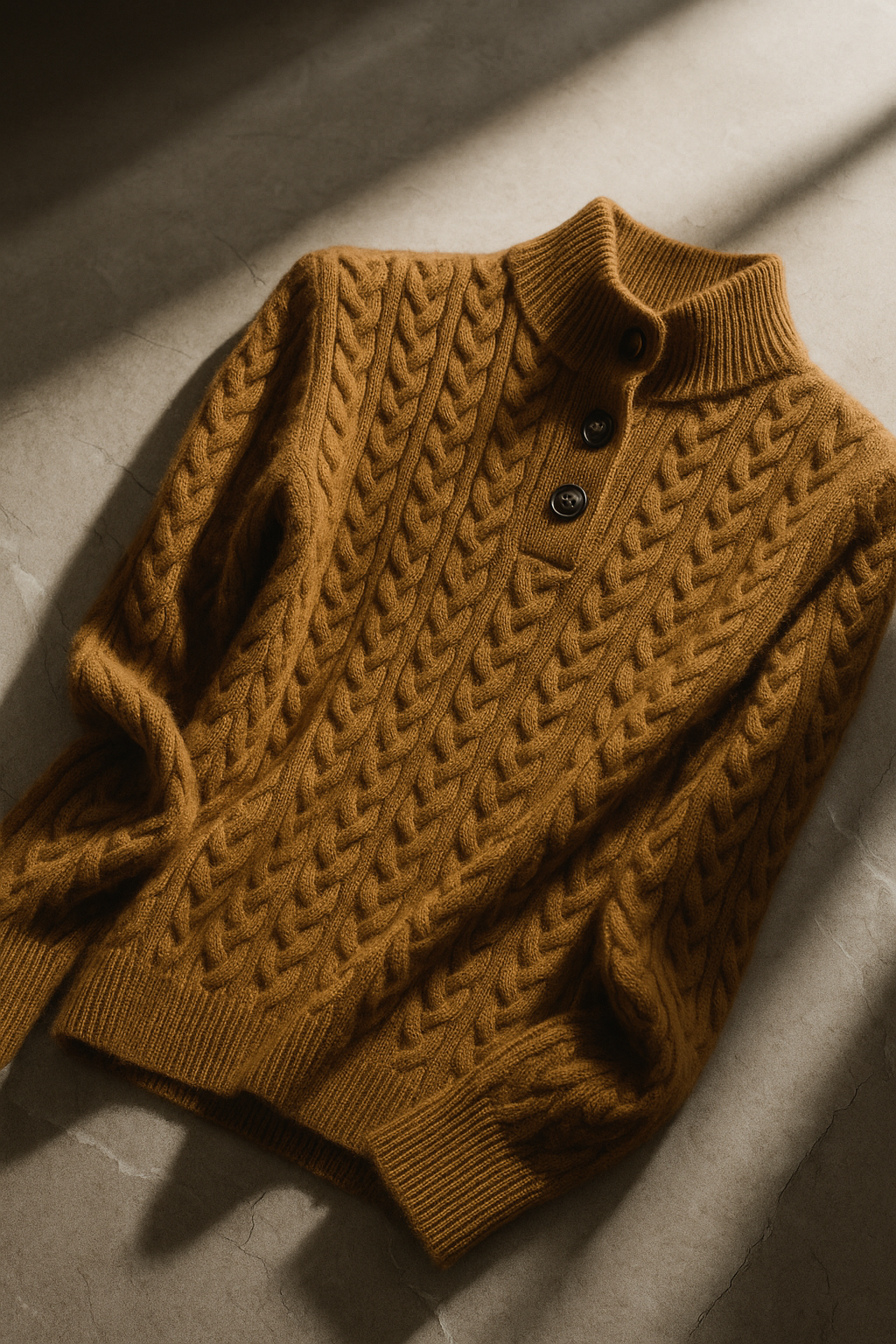 Brown knitted sweater with cable pattern on a light background
