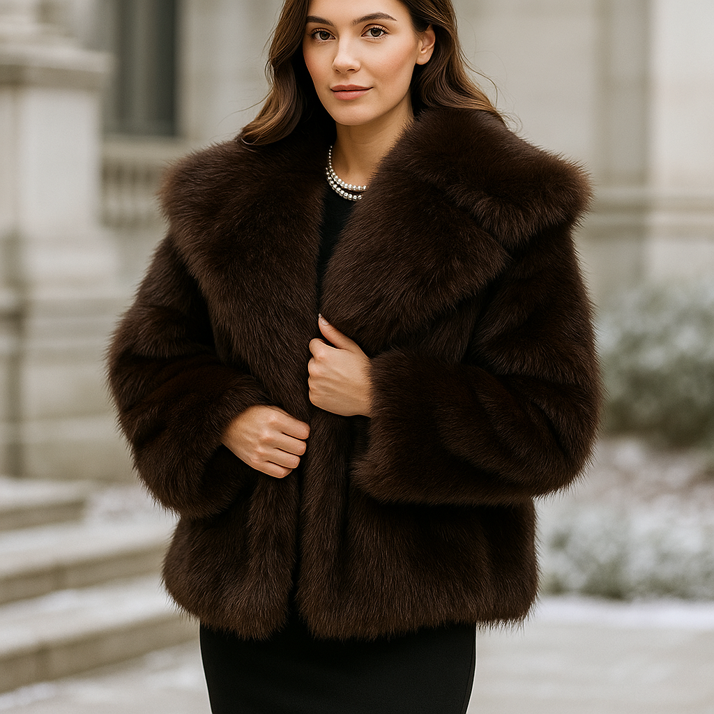 Woman wearing a brown fur coat standing outdoors.