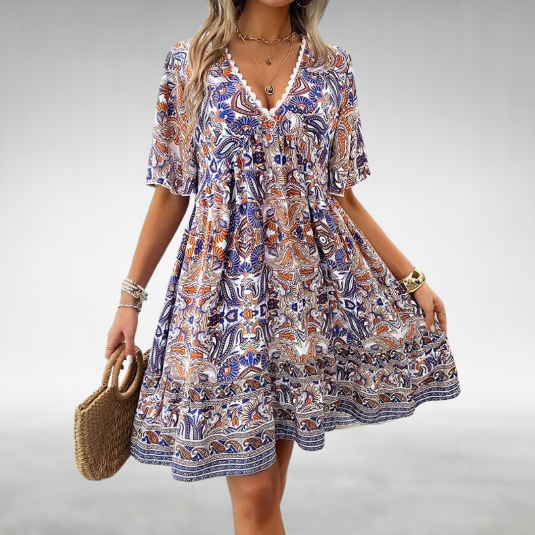 V-Neck Ethno Pattern Short Boho Dress