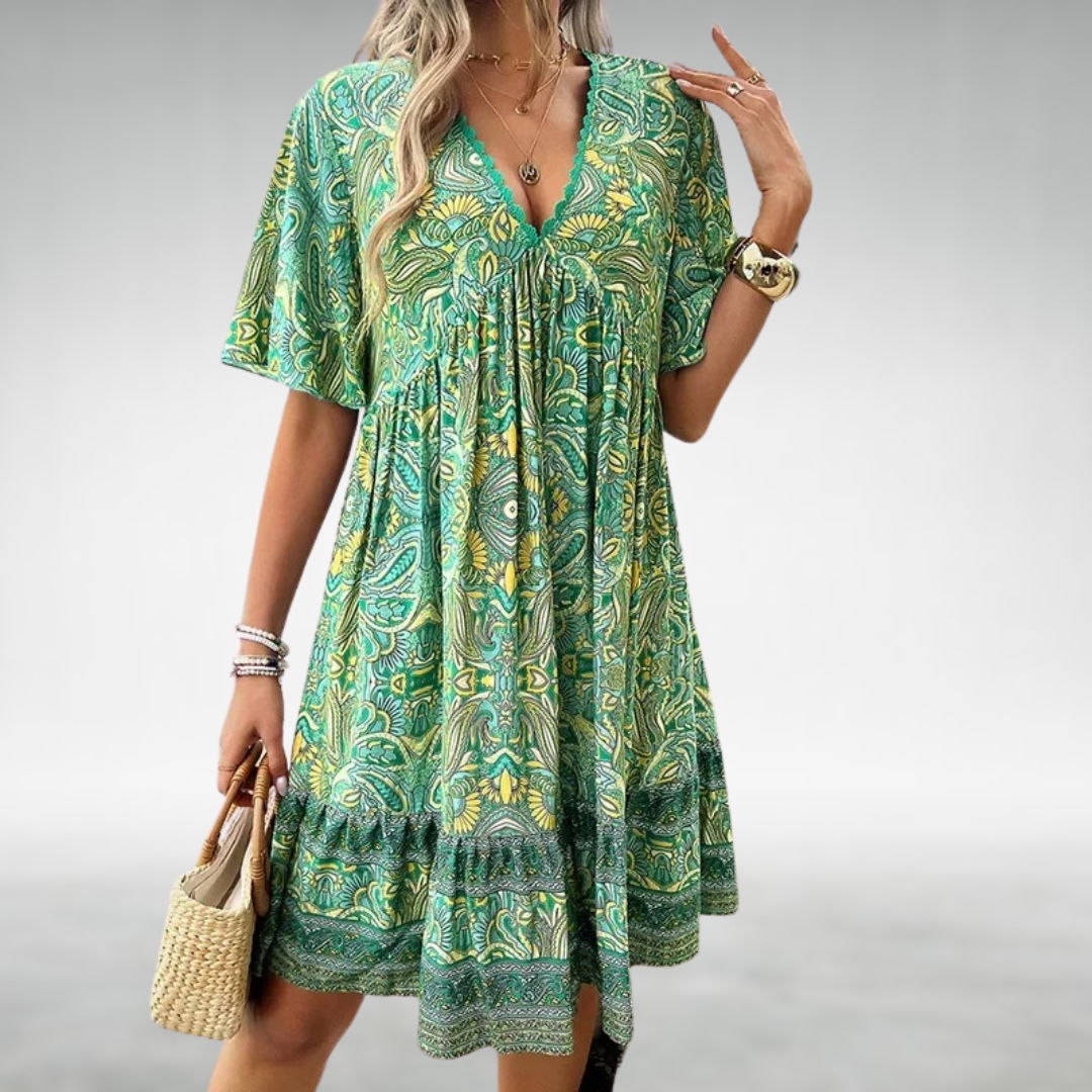 V-Neck Ethno Pattern Short Boho Dress