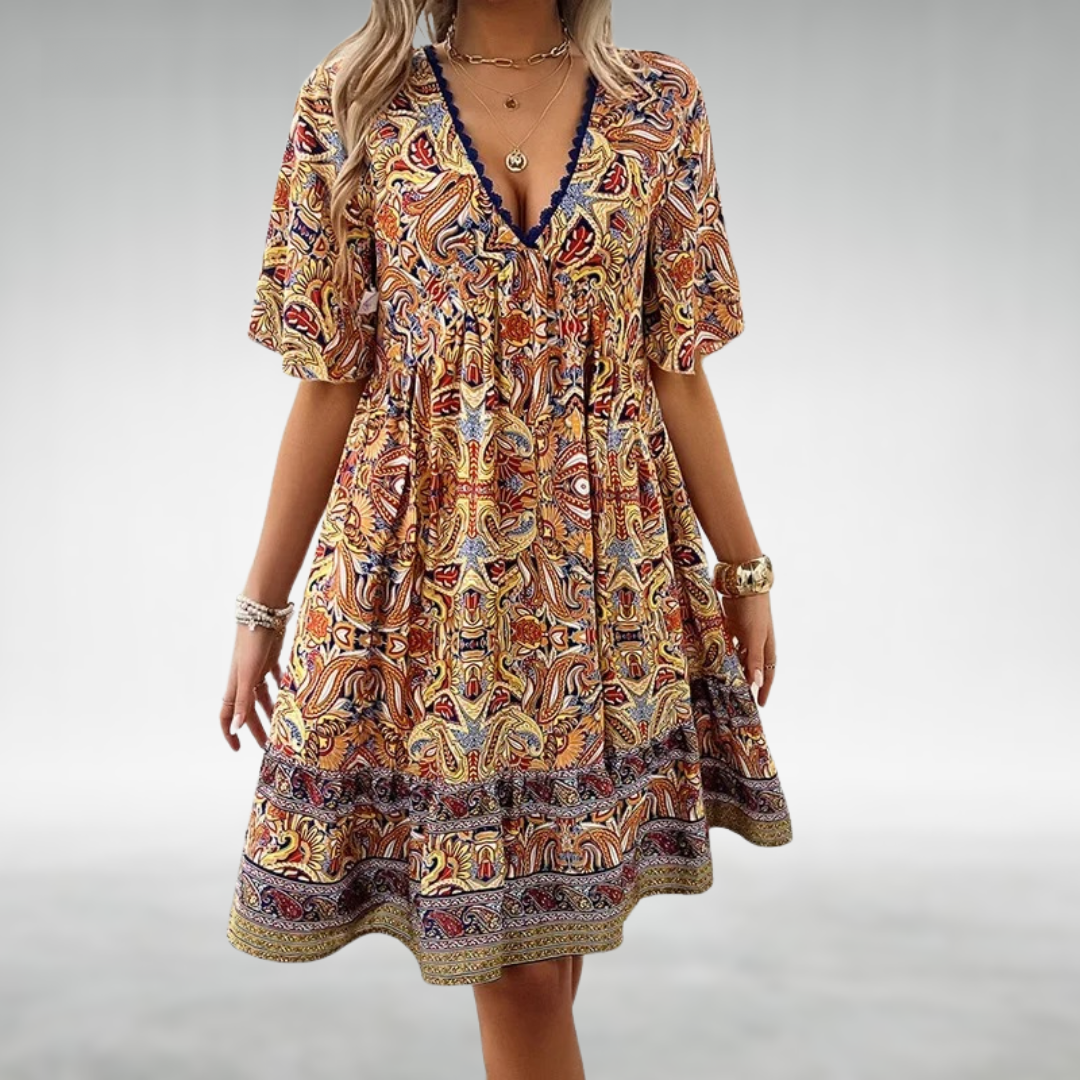 V-Neck Ethno Pattern Short Boho Dress