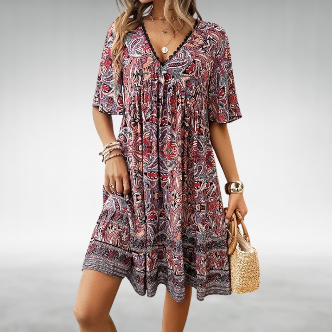 V-Neck Ethno Pattern Short Boho Dress