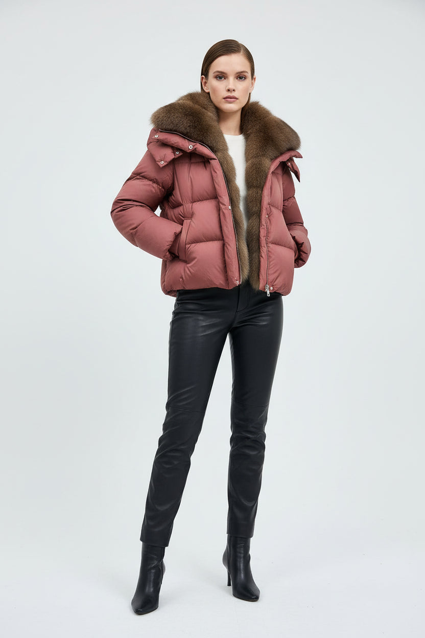 Luxury Mauve Puffer Jacket with Oversized Fur Collar - Premium Winter Coat