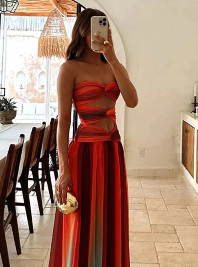 Cut-Out Maxi Dress with Bandeau Top - Gradient Red-Orange