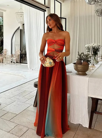 Cut-Out Maxi Dress with Bandeau Top - Gradient Red-Orange