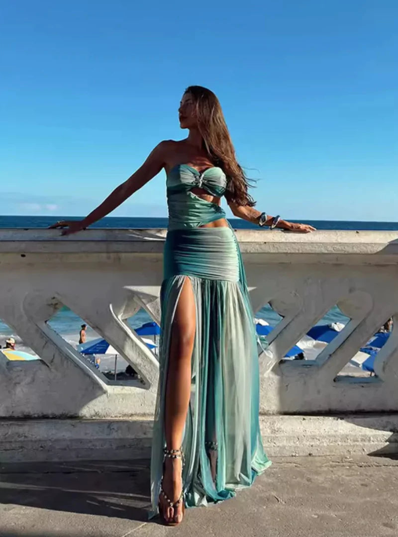 Cut-Out Maxi Dress with Bandeau Top - Gradient Red-Orange