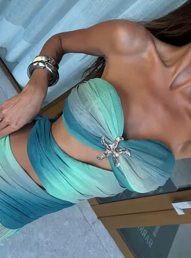 Cut-Out Maxi Dress with Bandeau Top - Gradient Red-Orange