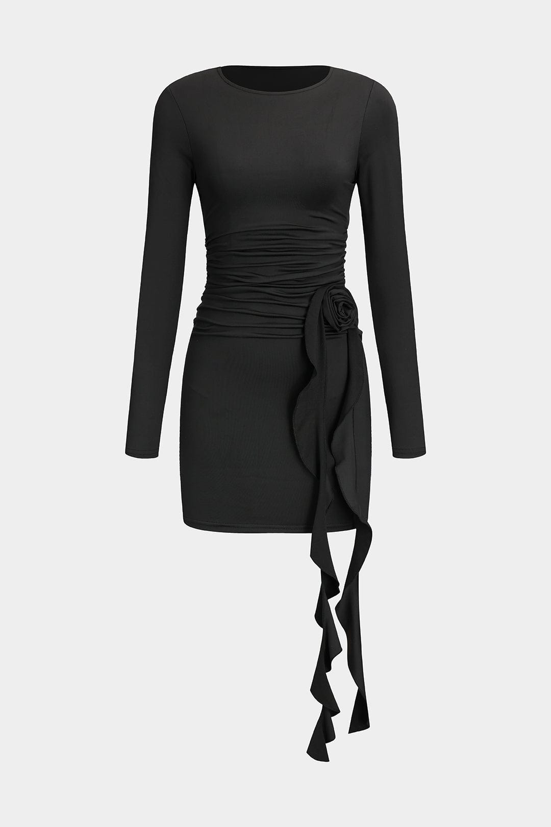 Elegant Black Long-Sleeve Mini Dress – Figure-Hugging with Draping & Rose Detail
