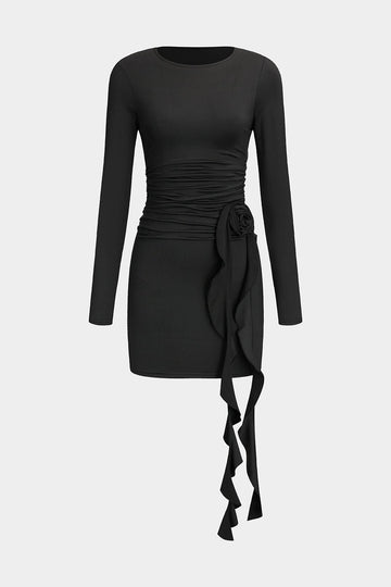 Elegant Black Long-Sleeve Mini Dress – Figure-Hugging with Draping & Rose Detail