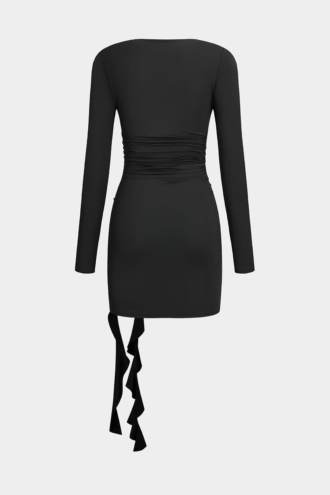 Elegant Black Long-Sleeve Mini Dress – Figure-Hugging with Draping & Rose Detail