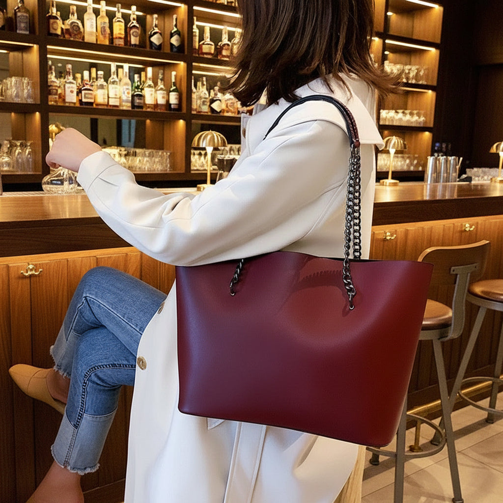 Sophia vegan leather tote bag with chain straps - stylish women's shoulder handbag in black
