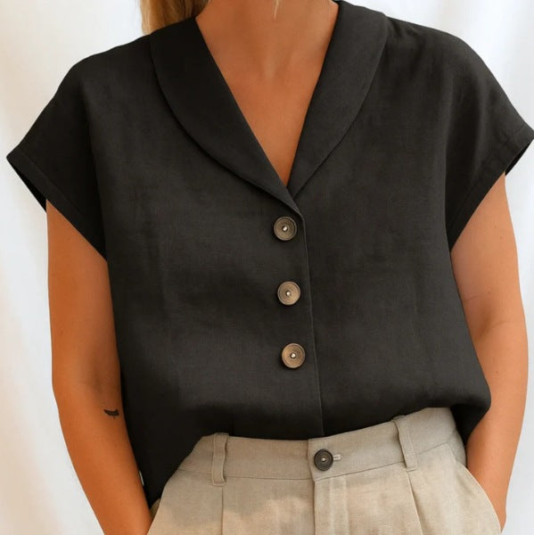 Short Sleeve Linen Blouse with Button Placket
