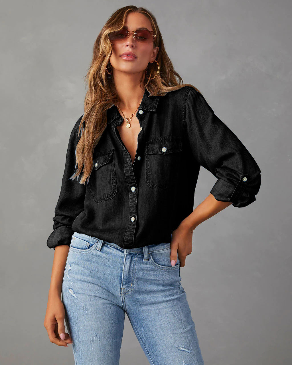 Casual Denim Shirt with Chest Pockets
