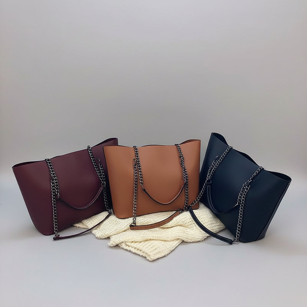 Sophia vegan leather tote bag available in classic black, rich brown, and wine red colors
