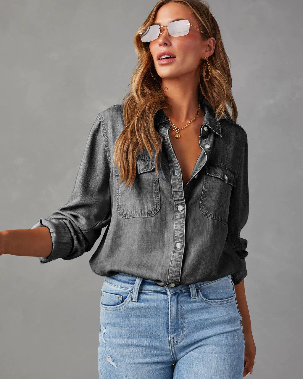 Casual Denim Shirt with Chest Pockets