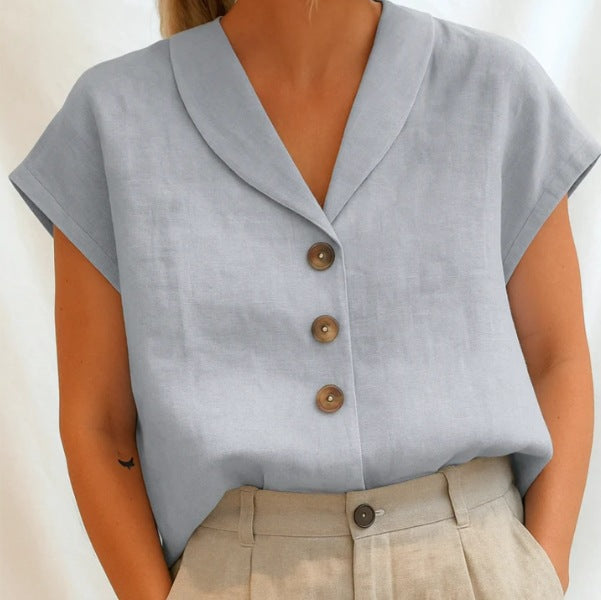 Short Sleeve Linen Blouse with Button Placket