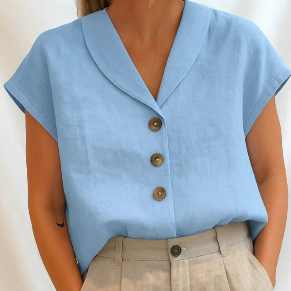 Short Sleeve Linen Blouse with Button Placket
