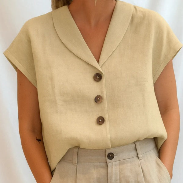 Short Sleeve Linen Blouse with Button Placket