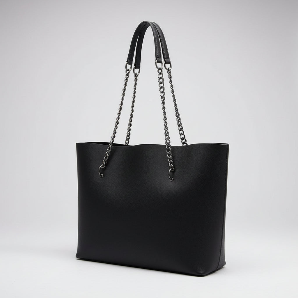 Close-up of Sophia tote bag elegant chain strap hardware and premium vegan leather finish
