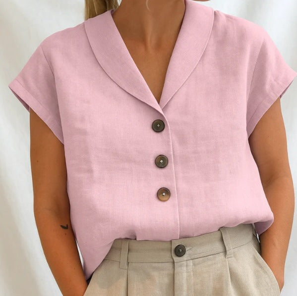 Short Sleeve Linen Blouse with Button Placket