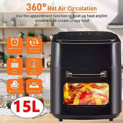15L Family Air Fryer Oven with Touchscreen & Viewing Window – Large Capacity, Slim Fit, 3-in-1 UK Plug