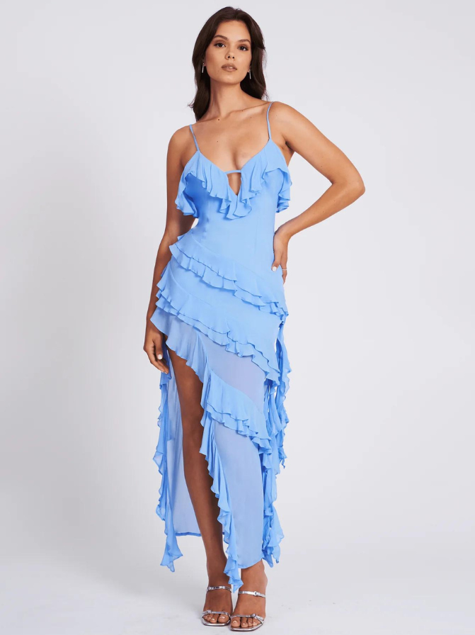Ruffled Spaghetti Strap Maxi Dress with High Slit
