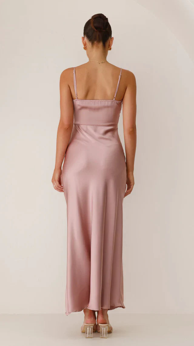 Maxi Satin Dress with Spaghetti Straps & High Slit