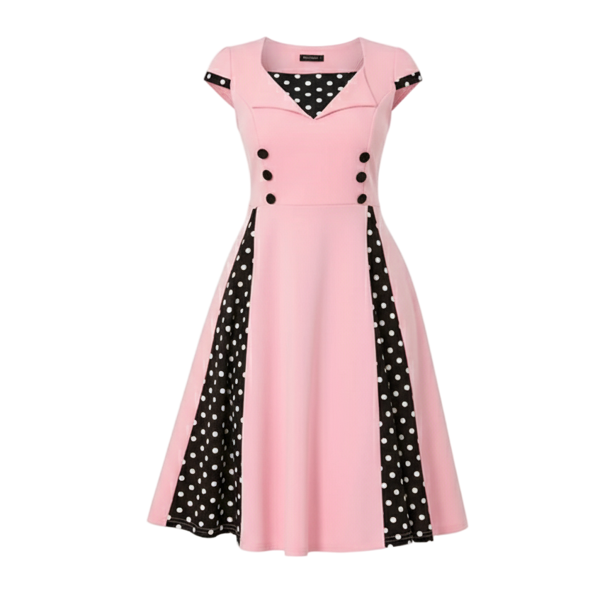 Women’s Polka Dot A-Line Dress – Square Neck with Decorative Buttons