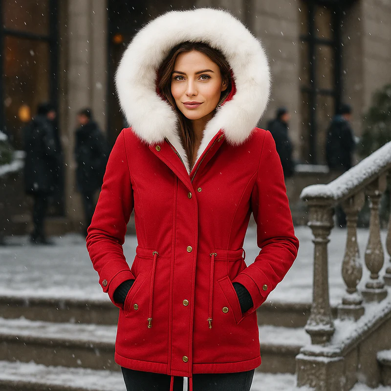 Woman wearing a red coat with a white fur hood in a snowy outdoor setting