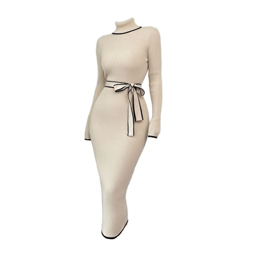 Women’s Ribbed Knit Midi Dress – Stand Collar Long Sleeve with Waist Belt