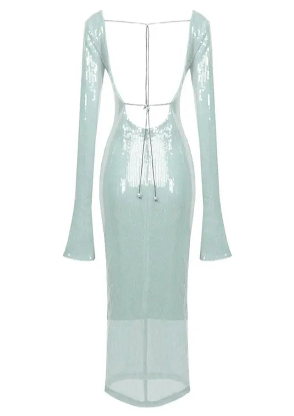 Mint Green Glitter Spaghetti Strap Long Sleeve Dress