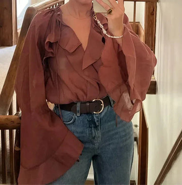Brown Transparent Ruffle Blouse – Elegant & Feminine