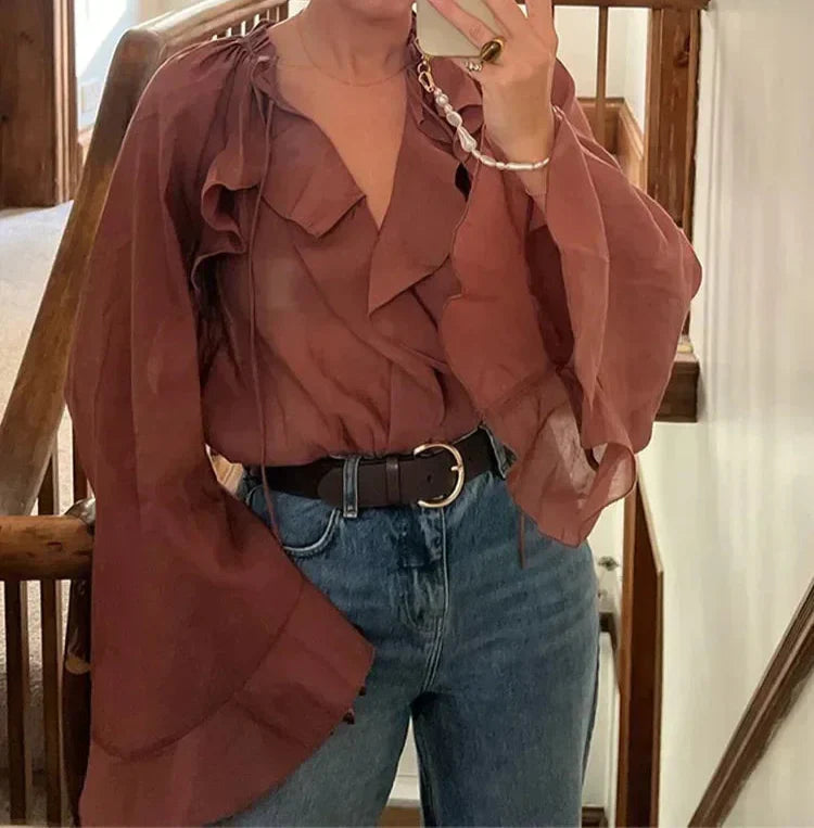 Brown Transparent Ruffle Blouse – Elegant & Feminine
