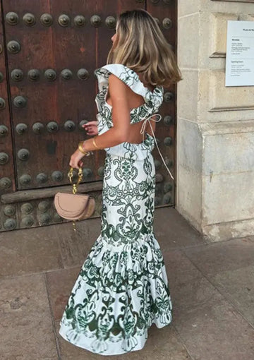 Patterned Maxi Dress with Ruffles & Back Cutout