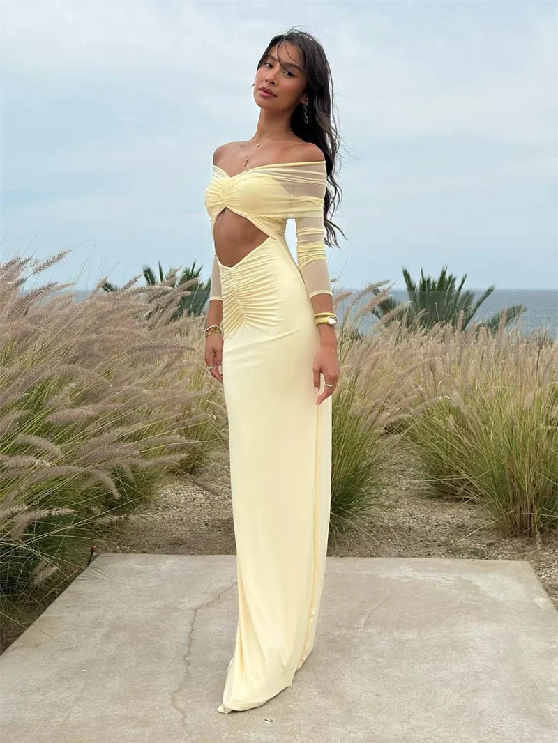 Off-the-Shoulder Cut-Out Maxi Dress with Long Sleeves