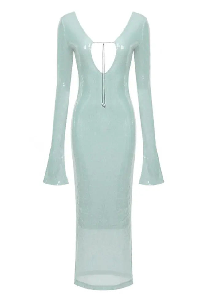Mint Green Glitter Spaghetti Strap Long Sleeve Dress