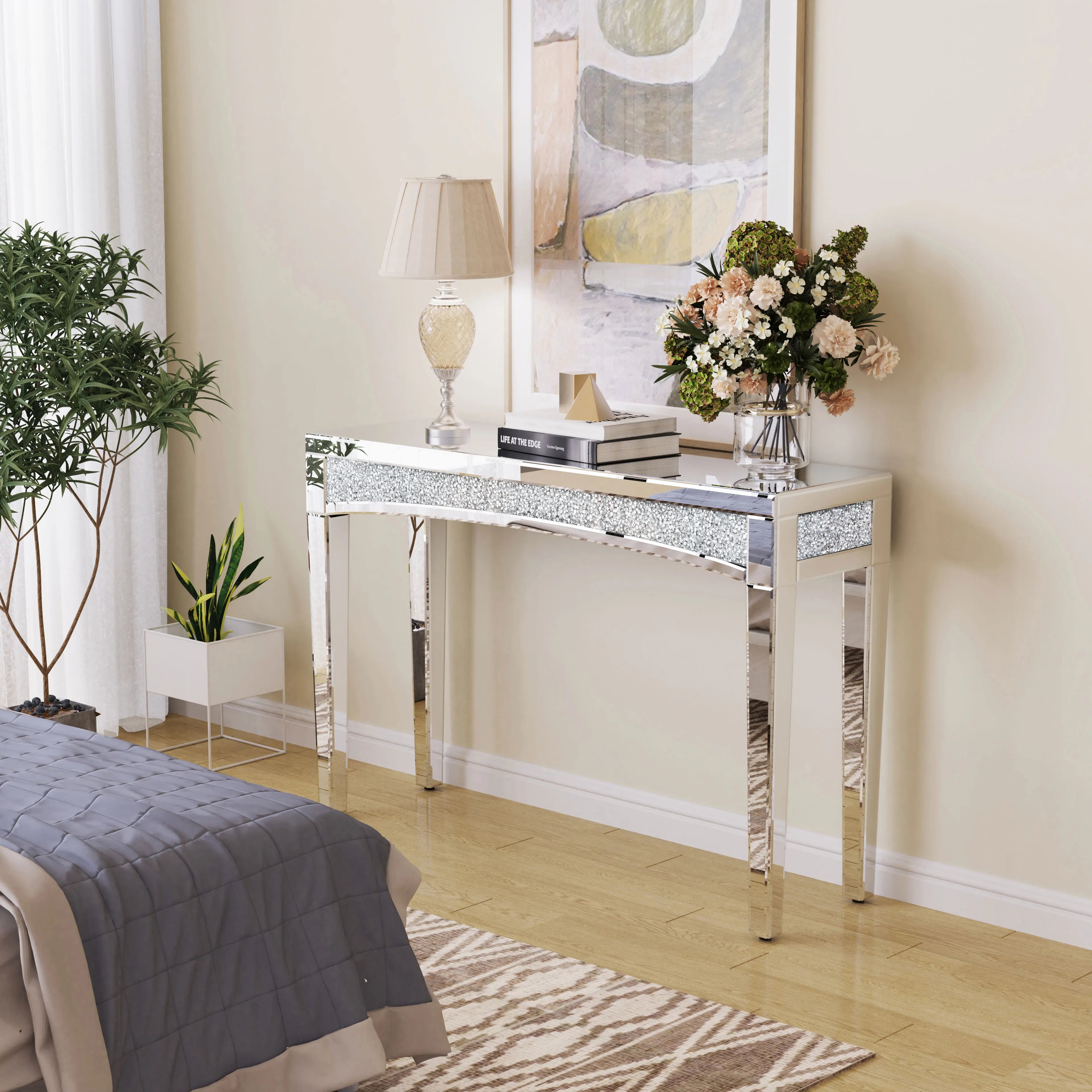 Mirrored Console Table with Crushed Diamond - 47.2" Silver Glam Table