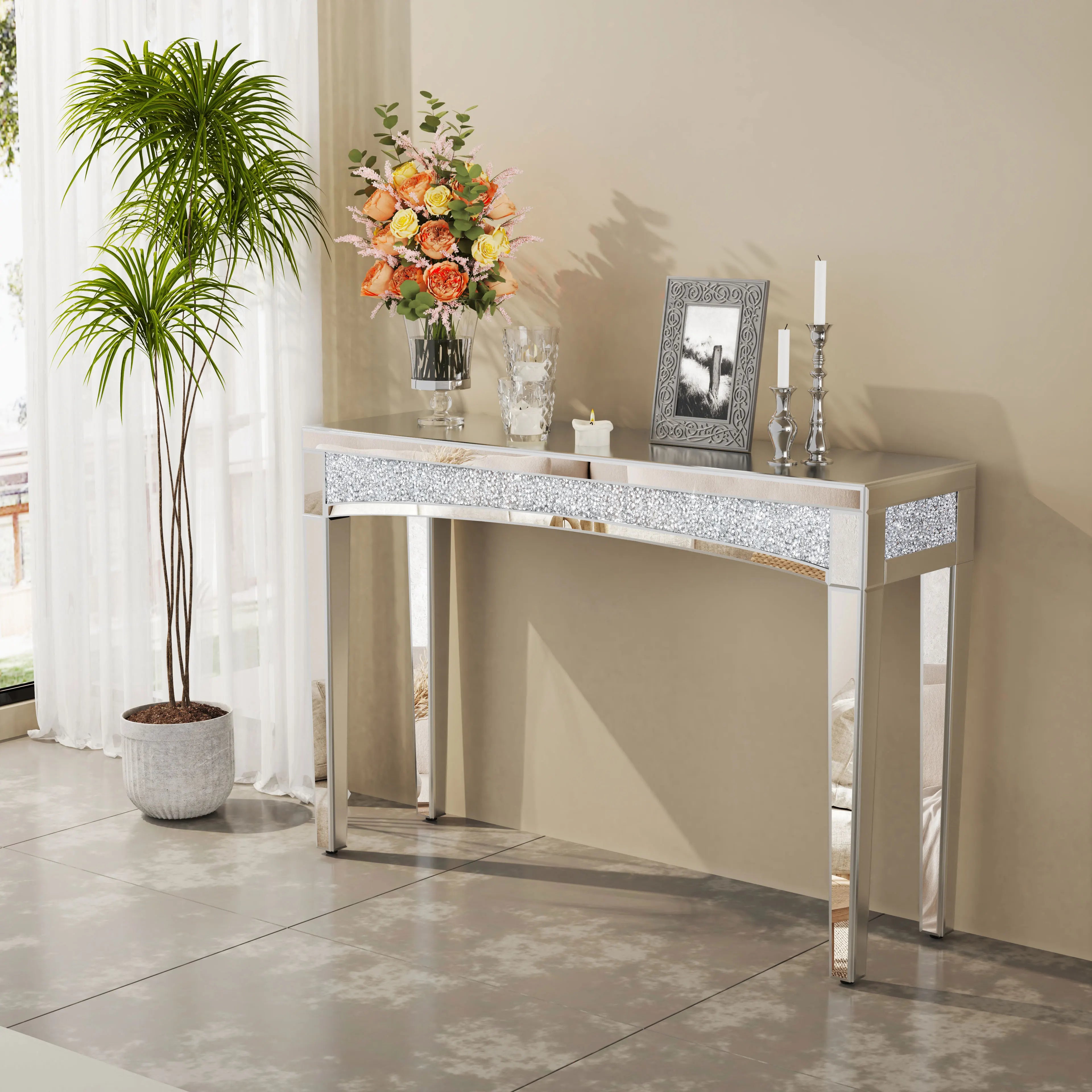 Mirrored Console Table with Crushed Diamond - 47.2" Silver Glam Table
