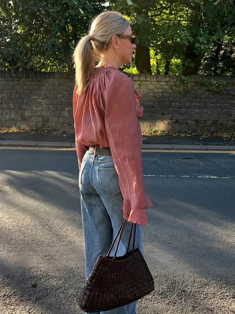 Brown Transparent Ruffle Blouse – Elegant & Feminine