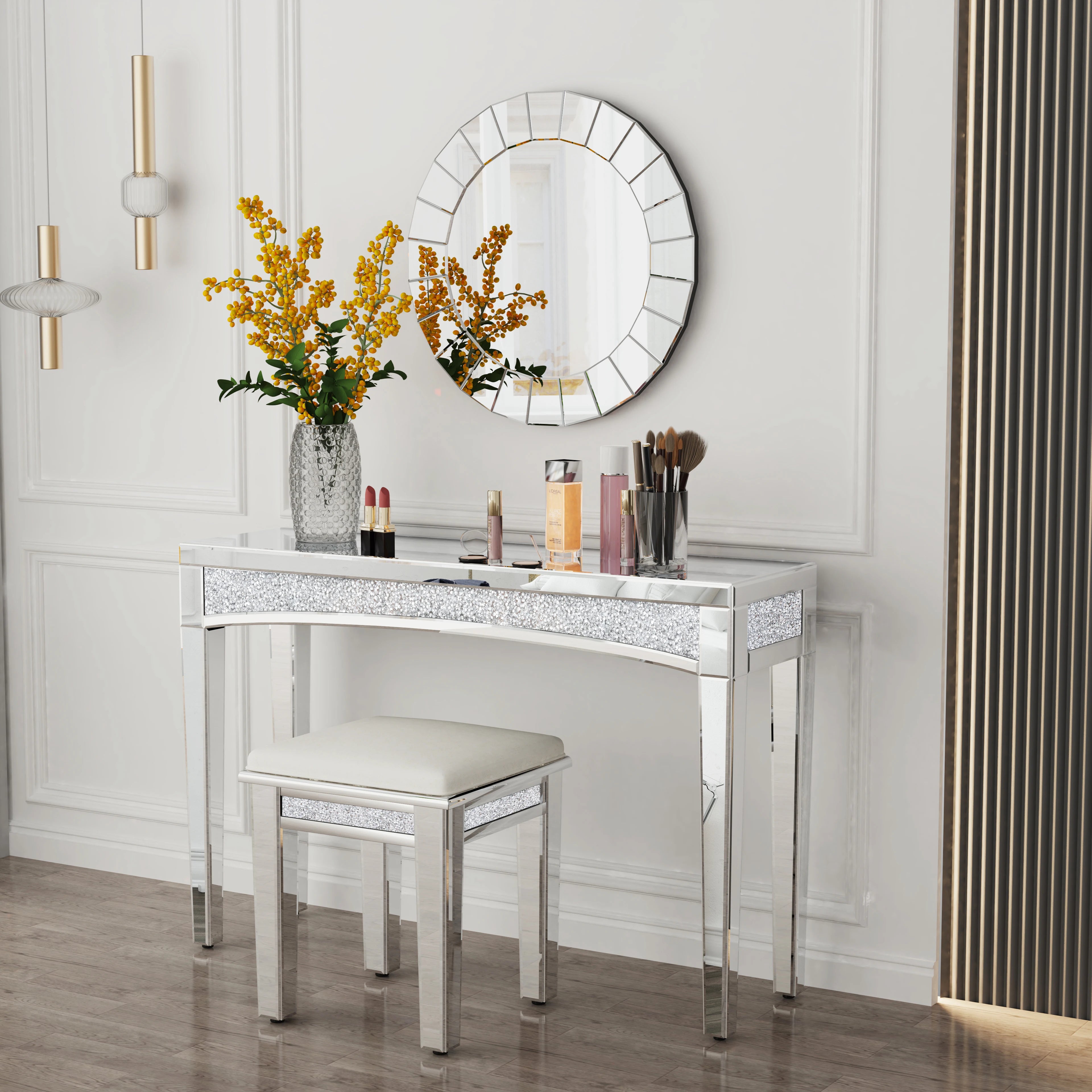 Mirrored Console Table with Crushed Diamond - 47.2" Silver Glam Table