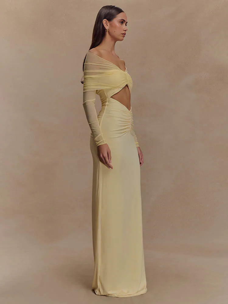 Off-the-Shoulder Cut-Out Maxi Dress with Long Sleeves