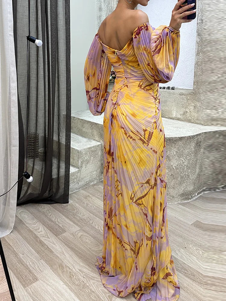 Off-Shoulder Pleated Evening Gown – Yellow-Purple Print with Glitter