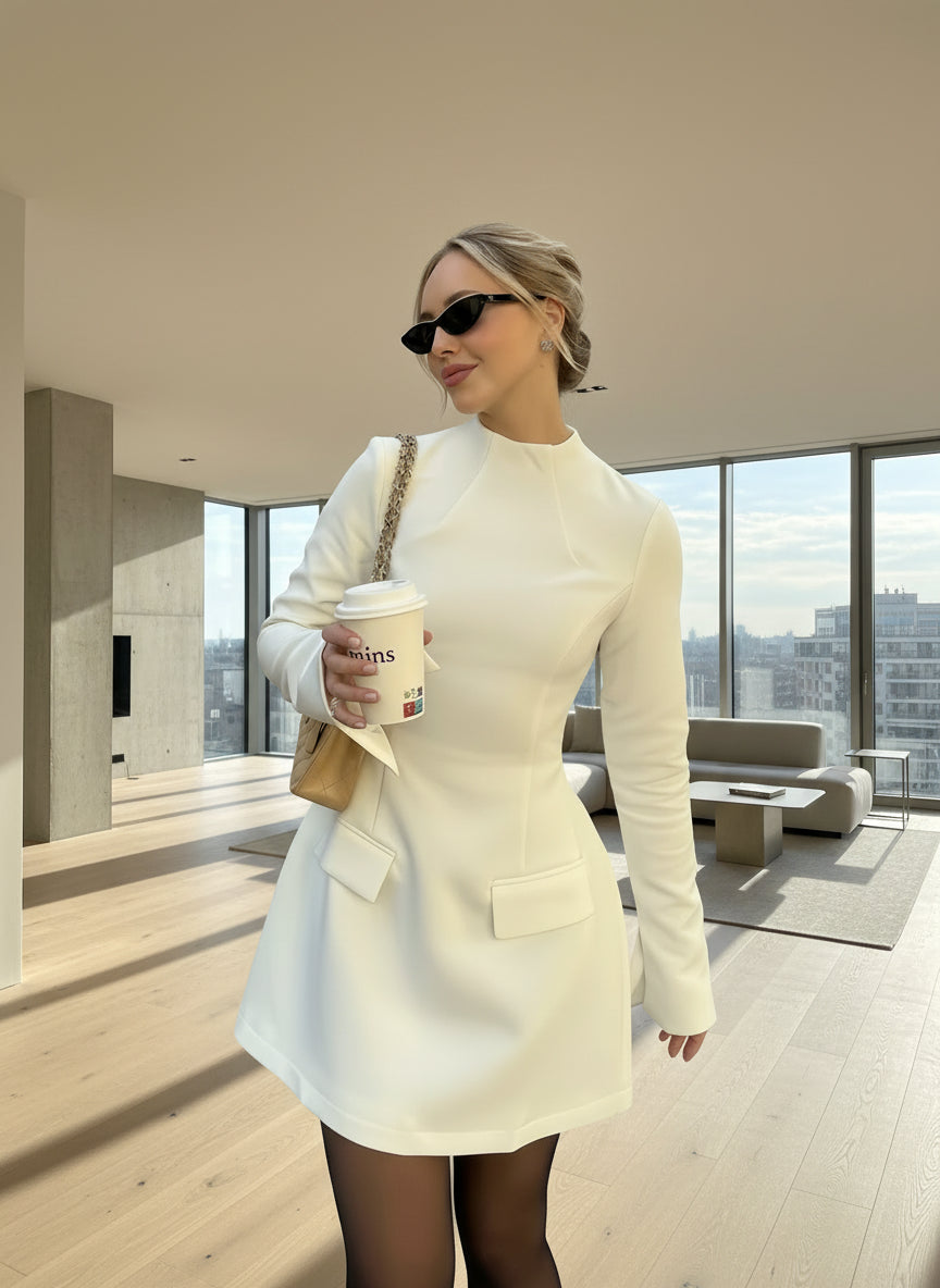 Woman wearing elegant long sleeve A-line mini dress with pockets - front view
