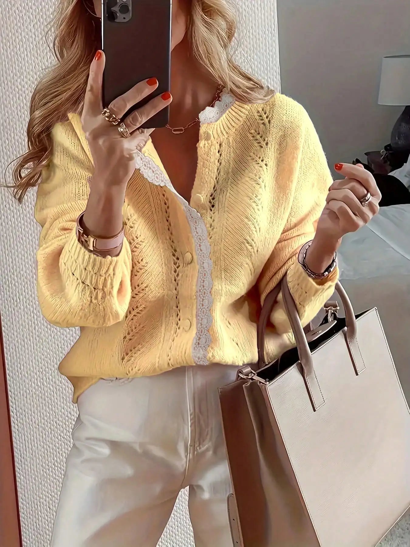 Women’s Lace Patchwork Cardigan – Knit Sweater