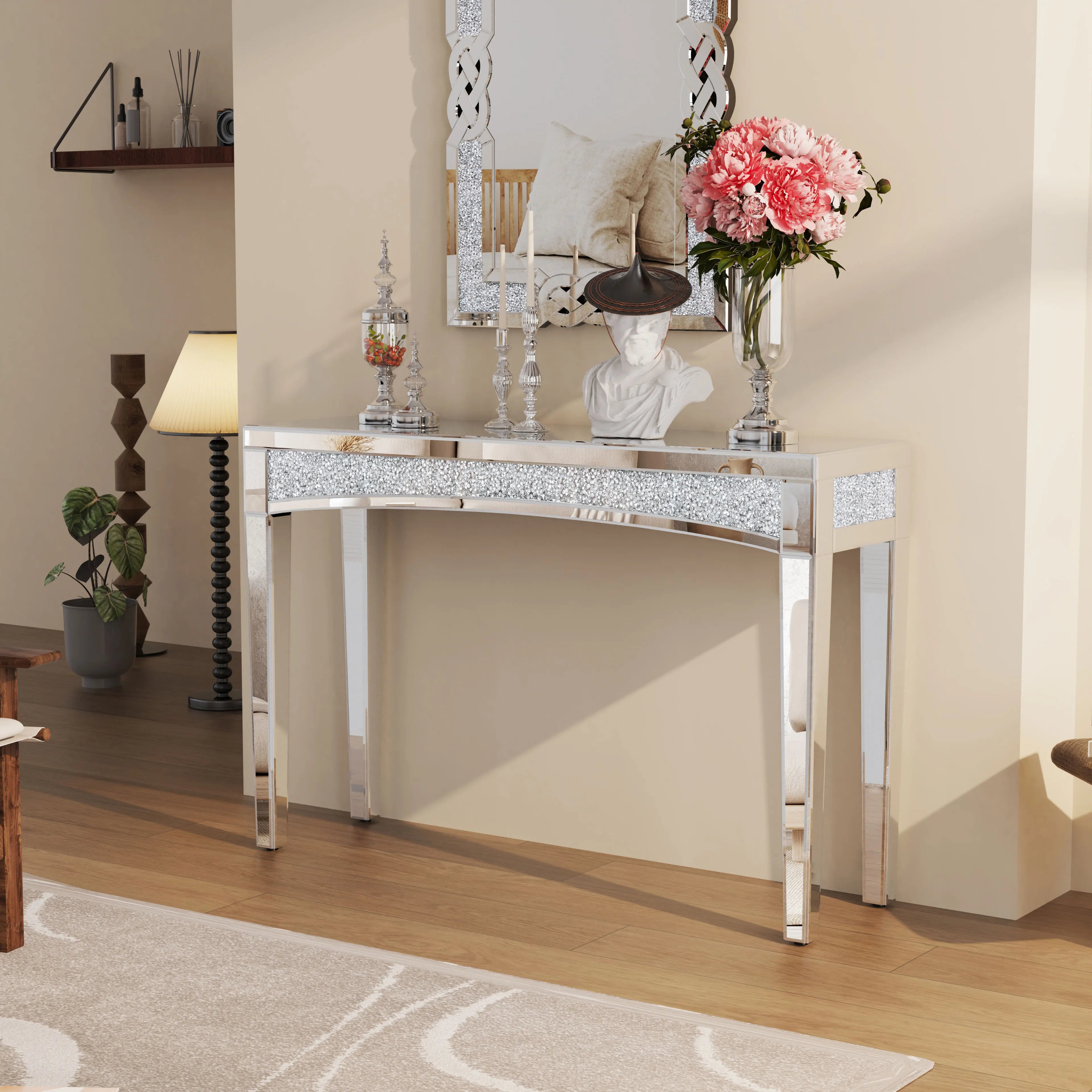 Mirrored Console Table with Crushed Diamond - 47.2" Silver Glam Table