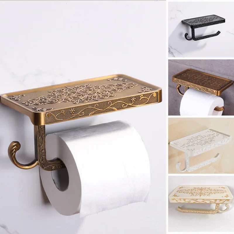 Antique Brass Toilet Paper Holder with Shelf - Wall Mount Tissue Holder