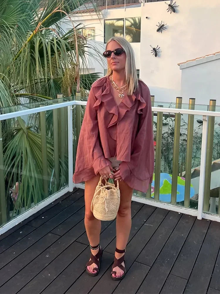 Brown Transparent Ruffle Blouse – Elegant & Feminine